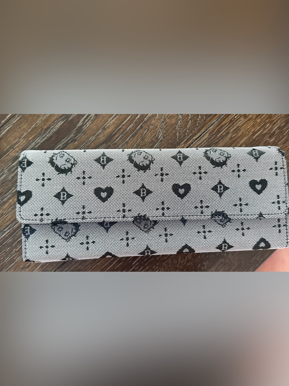 Betty Boop Monogram Print Foldover Clutch Wallet in Light Gray and Black